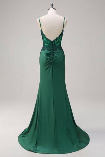 Dark Green Mermaid Spaghetti Straps Ruched Satin Long Formal Dress with Beading